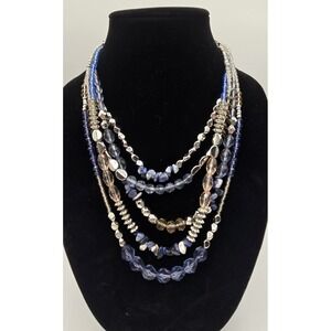 Layered Blue Silver-tone Clear Pale Peach Beaded Chunky Boho Adjustable Necklace